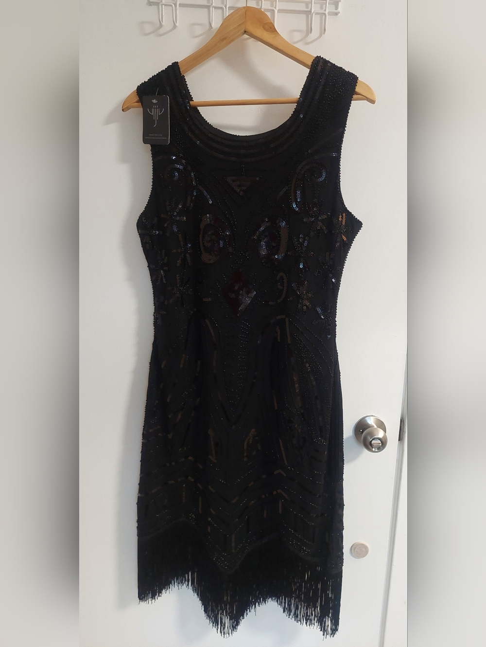 Beaded Fringe Sleeveless Midi Dress - Black